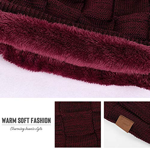 Vgogfly Slouchy Beanie for Men Winter Hats for Guys Cool Beanies Mens Lined Knit Warm Thick Skully Stocking Binie Hat Pairs - color: Black / Wine Red