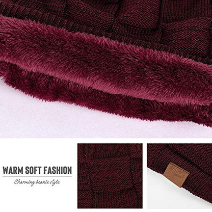 Vgogfly Slouchy Beanie for Men Winter Hats for Guys Cool Beanies Mens Lined Knit Warm Thick Skully Stocking Binie Hat Pairs - color: Black / Wine Red