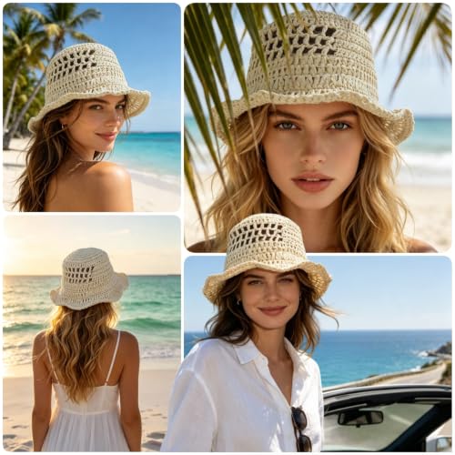 Floppy Big Beach Straw Hats for Women Foldable Summer Wide Brim Packable Sun Hat Womens Travel Straw Fedora Hat - color: Beige-6