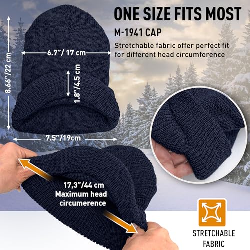 Genuine G.I. Winter Beanie Cap with Visor, 100% Knitted Wool, Double-Layer Winter Hat, Made in USA - color: Navy
