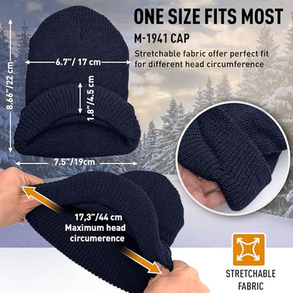 Genuine G.I. Winter Beanie Cap with Visor, 100% Knitted Wool, Double-Layer Winter Hat, Made in USA - color: Navy
