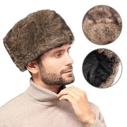 Unisex Russian Ushanka Cossack Trapper Hat Faux Rabbit Fur Trooper Hat Fuzzy Furry Hunting Cap Winter Outdoor Warm Skiing Cap - color: Brown