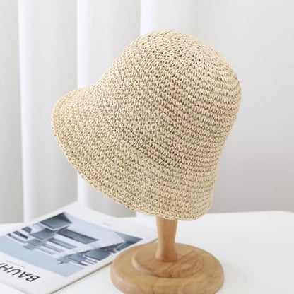 Women's Straw Bucket Hat Summer Mesh Woven Sun Beach Hat Foldable Fisherman Caps Hats - color: Brown
