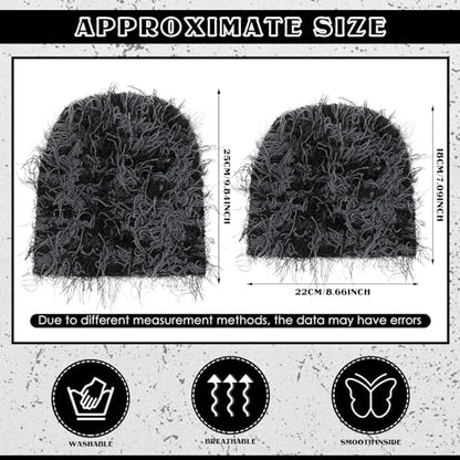 Chuarry Distressed Knitted Beanie Fuzzy Winter Hat - color: Black and Gray