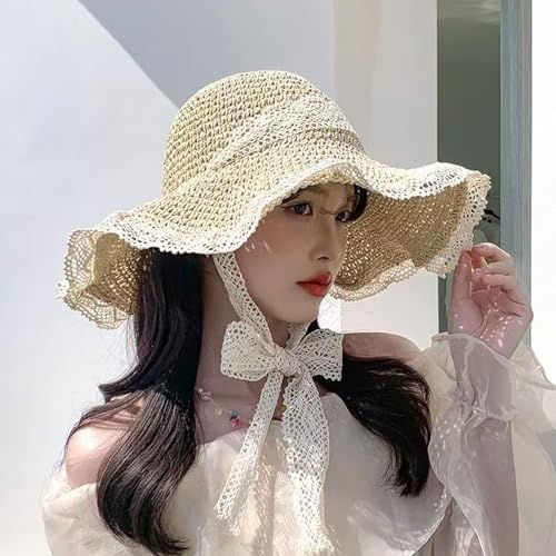 Women's Wide Brim Straw Sun Hat Beach Travel Bucket Hat Packable - color: Beige