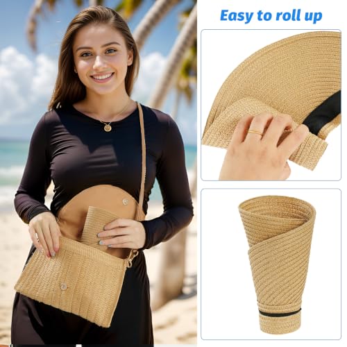 Straw Sun Visors Womens, Ponytail Beach Straw Visor, Packable Summer Sun Hats for Women Travel - color: Khaki