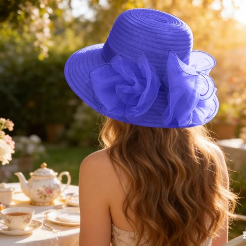 DRESHOW Lady Derby Dress Church Bowler Cloche Hat Bowknot Organza Bridal Cap for Wedding - color: 1 Pack Bowler Hat: Sapphire Blue