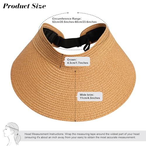 Fumwase Sun Visors for Women Foldable Straw Visor Beach Hat Uv Protection Wide Adjustable Cooling Summer Cap for Travel - color: Brown