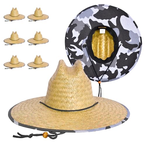 6 Pack Straw Hats – Bulk Wide Brim Lifeguard Sun Hats for Men & Women with Adjustable Chin Strap - color: Natural Straw With Camouflage Lining