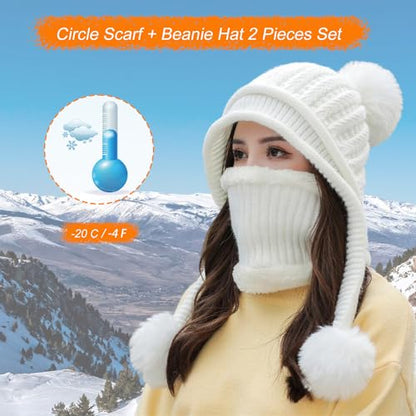 HUAMULAN Women Winter Knit Beanie Hat Circle Scarf Set Pompoms Ear Flaps - color: White Solid