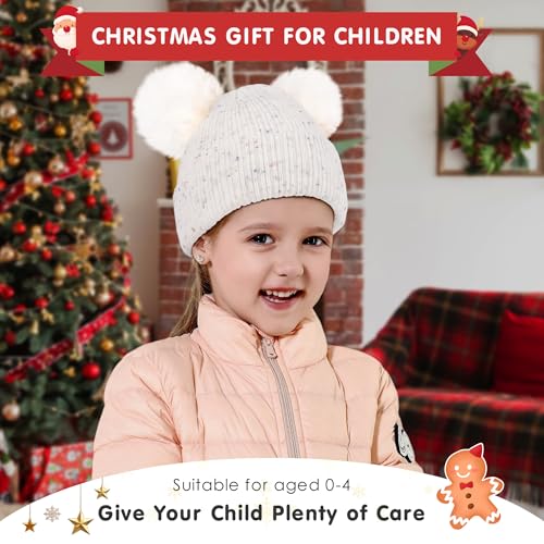 FZ FANTASTIC ZONE Toddler Kids Winter Hat Beanie Pompom Warm Fleece Baby Hats 0-6 12 Months 1 2 3 4 Year Old Girls Boys Gifts - color: Cream White
