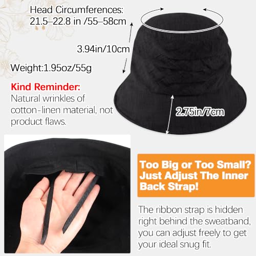 Linen Blend Ruched Bucket Hat Ultra-Light Breathable Sun Hat - color: Black