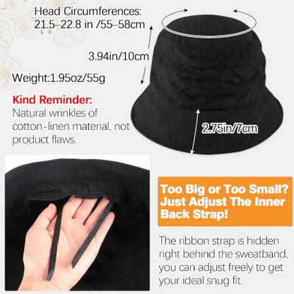 Linen Blend Ruched Bucket Hat Ultra-Light Breathable Sun Hat - color: Black