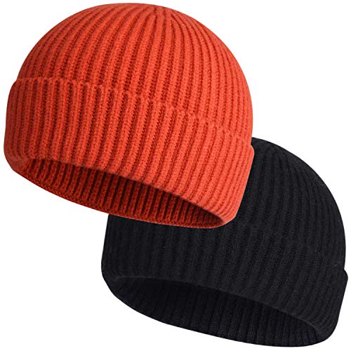 ROYBENS Wool Fisherman Beanies for Men Knit Short Watch Cap Winter Warm Hat - color: 2pcs Black+ Orange