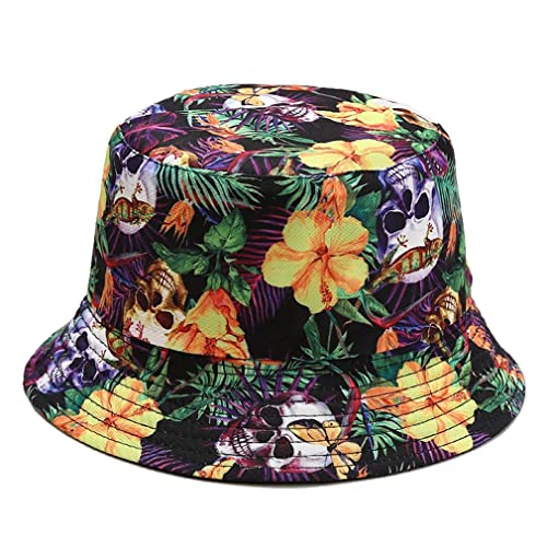 Quanhaigou Bucket Hat for Men Women,Packable Reversible Printed Sun Hats,Fisherman Outdoor Summer Travel Hiking Beach Caps - color: Floral Skull