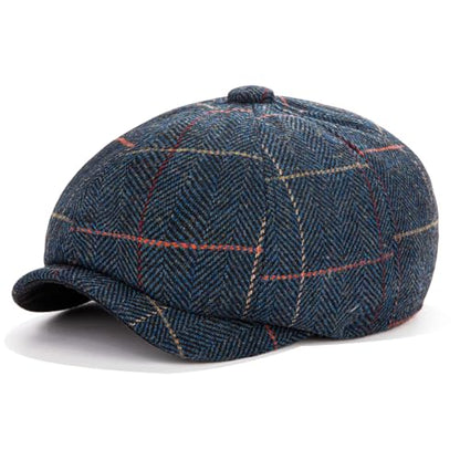 Men's Wool Newsboy Cap 8-Panel Tweed Taxi Hat Herringbone Gatsby Flat Hats - color: C-navy Blue