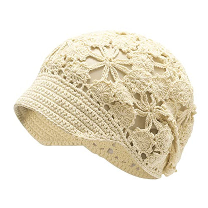 ZLYC Women Summer Slouchy Crochet Hat Handmade Cutout Skull Cap with Visor - color: Plain Beige, size: One Size
