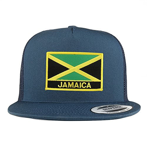 Trendy Apparel Shop Jamaica Flag 5 Panel Flatbill Trucker Mesh Snapback Cap - color: Navy