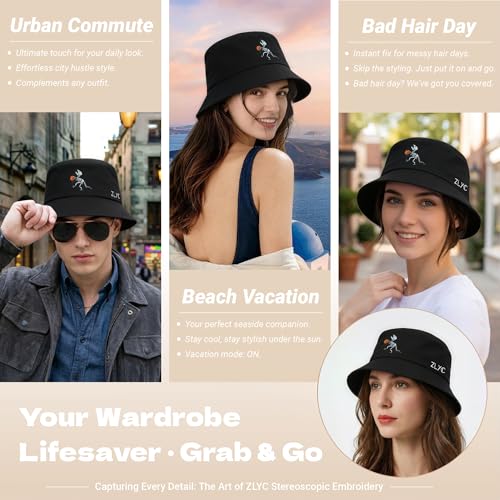 ZLYC Cotton Bucket Hat for Women Men Embroidered Packable Summer Sun Cap - color: Dinosaur Skeleton Black