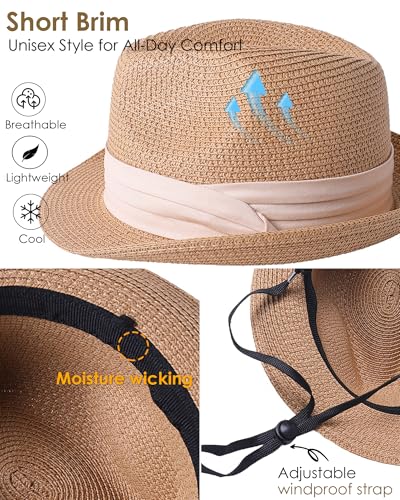 Straw Sun Hat for Men Women Short Brim Beach Trilby Hat UPF 50+ - color: Khaki