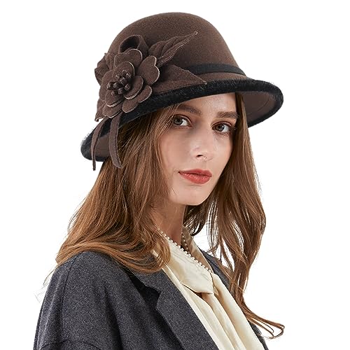 Ladies Wool Felt Bucket Hat Women Vintage Cloche Fedora Winter Church Bowler Hat with Bow - color: Brown Flower