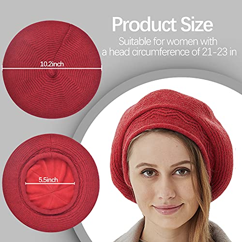 FENELY Beret Hat for Women, French Style Beanie Winter Fashion Warm Thickened Lining Knit Cap - color: Red