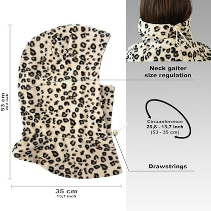 Fleece Balaclava Over Helmet - Warm Helmet Ninja Hood - Snowboard Hooded Hat Neck Gaiter Ski Mask - color: Leopard-earsup, size: One Size