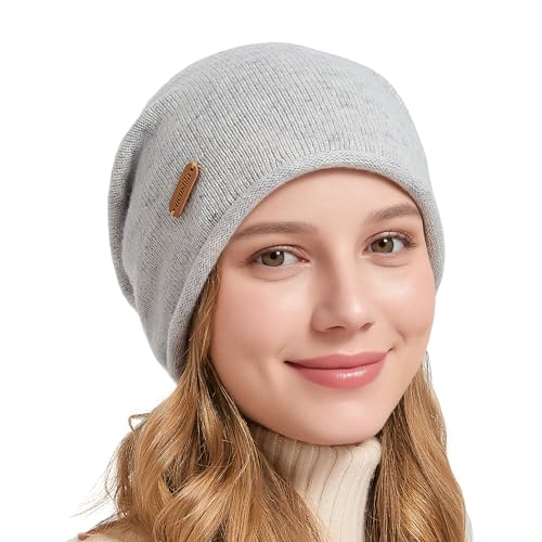 ACUSHLA 100% Merino Wool Slouchy Beanie for Women Men Winter Hat Skull Cap - color: Light Grey