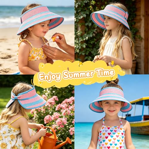 Girls Sun Visor Hat with Ponytail Hole Wide Brim Beach Straw Visor UPF 50+ - color: 1pack-sea Blue Pink