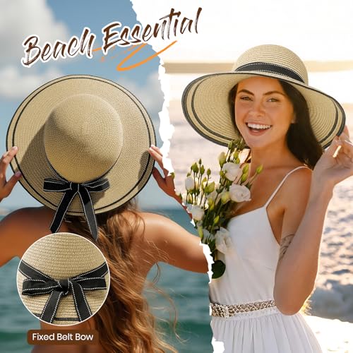 Beach Hats for Women, Wide Brim Sun Straw Hat for Women, Sun Hat UPF 50+ UV Protection - color: Beige Hat
