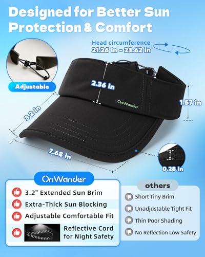 Sun Visor Hats for Women Men - Wide Brim Quick Dry Adjustable Hat - color: Black