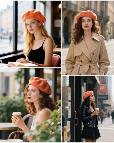French Beret Hats for Women - Wool Solid Color Beanie Cap - color: Light Orange