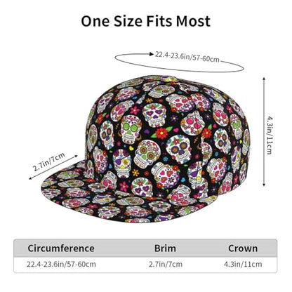 Skull Snapback Hat for Men Women, Stylish Flat Bill Hat Baseball Caps Adjustable Flat Brim Hip Hop Trucker Hats Sun Cap - color: Sugar Skull 13
