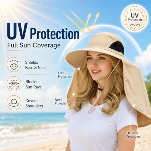 HUAMULAN Women Men Wide Brim Sun Hat Hiking Fishing Hats with Neck Flap - color: Yq005-beige