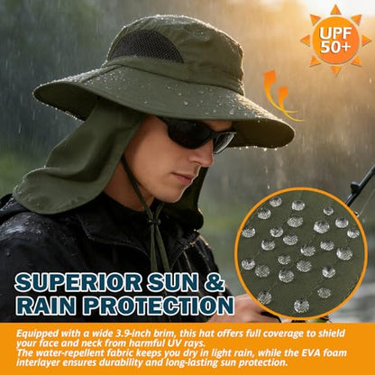 Wide Brim Sun Bucket Hat, Waterproof Boonie Hat for Men & Women - color: 07 Army Green (Full Coverage)