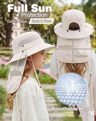 Century Star Kids Sun Hat with Ponytail Hole & Detachable Neck Flap UPF50+ Quick Dry Girls Bucket Hat for Outdoor Beach - color: Beige