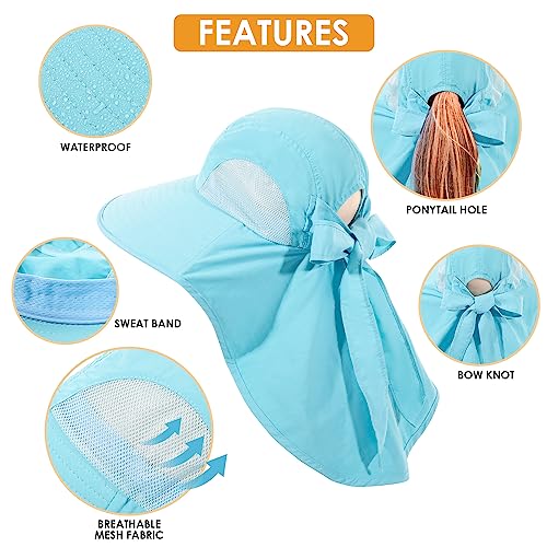 Womens Sun Hat UV Protection, Foldable Waterproof Wide Brim Bucket Hats with Neck Flap for Summer Beach Fishing Hiking - color: Sky Blue