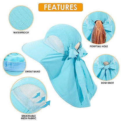 Womens Sun Hat UV Protection, Foldable Waterproof Wide Brim Bucket Hats with Neck Flap for Summer Beach Fishing Hiking - color: Sky Blue