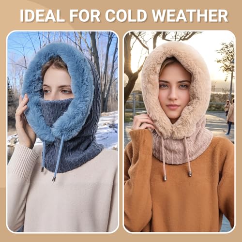 Women’s Knitted Beanie Hat with Face Cover - 3 in 1 Winter Balaclava with Mask Scarf Ear Muffs Pompom Fleece Lined Snow Caps - color: Yellow-c