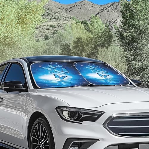 Renewold Blue Butterfly Car Windshield Sun Shade, 2-Piece Foldable Front Window Cover, Helps Block Sunlight, Heat and UV Rays, Fits Most Sedans, SUVs, Vans and Trucks - color: Blue Butterflies Fashion