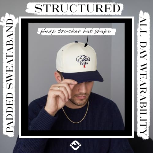 Funky Junque Adult Trucker Snapback Hat 2-Tone Baseball Cap - color: Ella's Fella - Navy/Beige