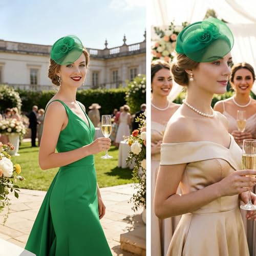 DRESHOW Fascinator Hats for Women Cocktail Tea Party Hat Netted Pillbox Hat Vintage Derby Hats for Bridal Wedding - color: Pillbox Hat: Green