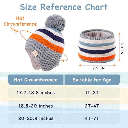 Beanie Knit Hats for Toddlers with Earflap Fleece Lined Hat Kids Warm Winter Hat Scarf Set Children's Thick Ski Cap - color: Rainbows-blue