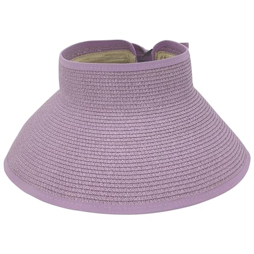 Womens Foldable Straw Sun Visor, Packable Roll‑Up Beach Hat with Wide Brim - color: Lavender Purple