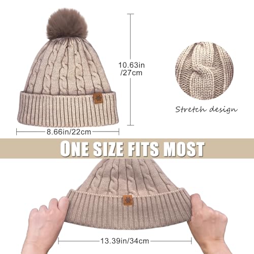 Winter Beanie Hats for Women Pom Pom Wool Cable Knit Thermal Fleece Warm Faux Fur Beanies for Cold Weather - color: Khaki