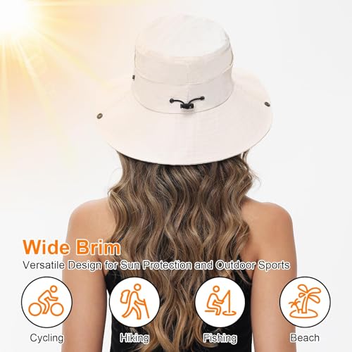 Sun Hats for Women Bucket Hat UV Protection Fishing Hat Wide Brim Safari Hats 2 in 1 Zip-Off Sun Visor Hats UPF 50+ - color: With One Pair Cooling Sleeves-1pack-beige