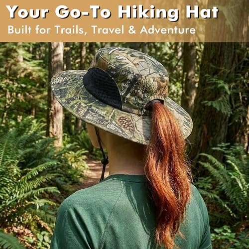 Tirrinia Sun Hats for Women, Wide Brim Hat with Ponytail Hole - color: Green Woodland Camo