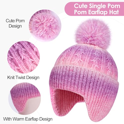 Toddler Earflap Beanie Hat with Rainbow Pom for Little Girls Knitted Beanies Kids Winter Skiing Caps Age 3-8 - color: Multicolor 02