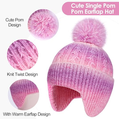 Toddler Earflap Beanie Hat with Rainbow Pom for Little Girls Knitted Beanies Kids Winter Skiing Caps Age 3-8 - color: Multicolor 02