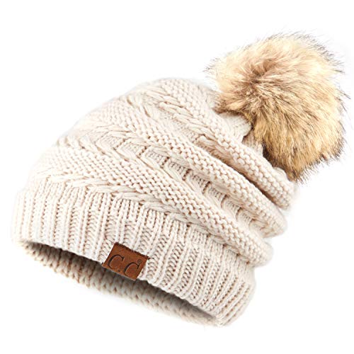 C.C Hatsandscarf Exclusives Unisex Solid Ribbed Beanie with Pom (HAT-43) - color: A Beige-tilted Stitch